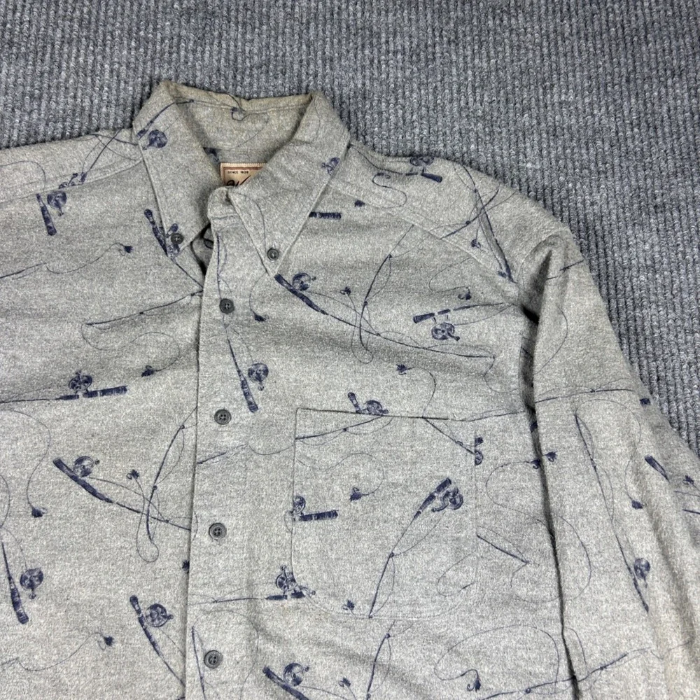 Woolrich Shirt Men's M Gray Fishing Pole Print Flannel Button Down Made in USA
